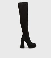 New Look Black Suedette Knee High Block Heel Platform Boots